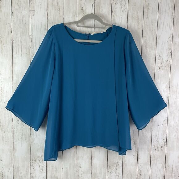 Soft Surroundings Blouse Women’s L Layered Shear Overlay 3/4 Sleeve Blue - Picture 1 of 10